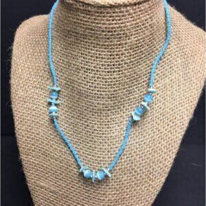 Moonstone Shell Necklace 17 In Beach Light Blue Round Seed Bead Silver Retro